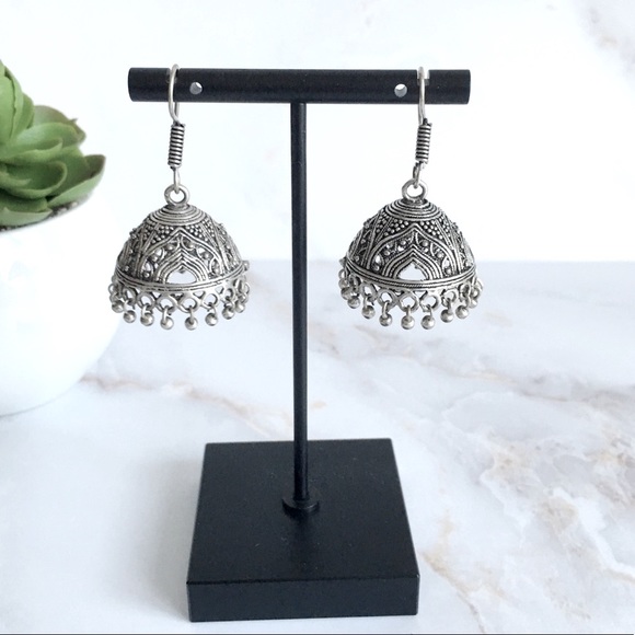 Silver Plated Brass Jhumka Earrings Oxidized Look - Picture 5 of 7